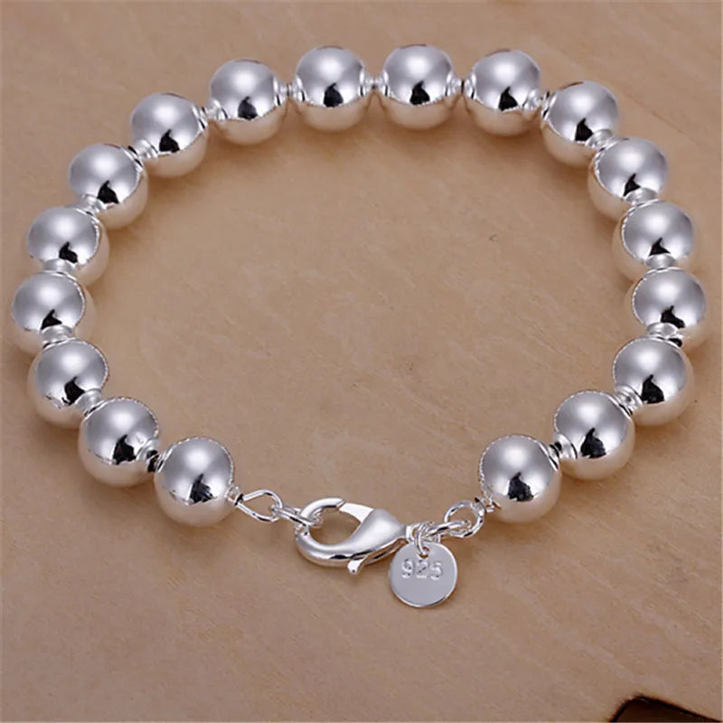 DOTEFFIL 925 Sterling Silver 8mm/10mm Silver Beaded 20cm