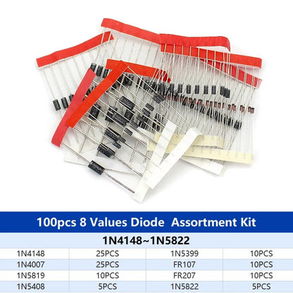 Snabbväxling Schottky Diode kit set 1N4148 1N4007 1N5819 1N5399 1N5408 1N5822 FR107 FR207,8värden=100st,Elektroniska komponenter