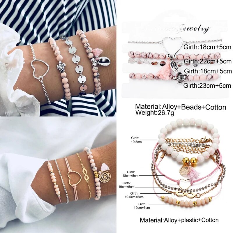 New Design Vintage Women Boho bracelets Set Moon Shell Heart Tortoise charm Beads chains Bangle For Women Bohemian Jewelry