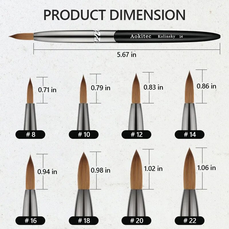 Aokitec Kolinsky acrylique brosse à ongles 1 pièces noir UV Gel vernis à ongles Extension constructeur stylo dessin pinceaux modèle 08-22/06-14