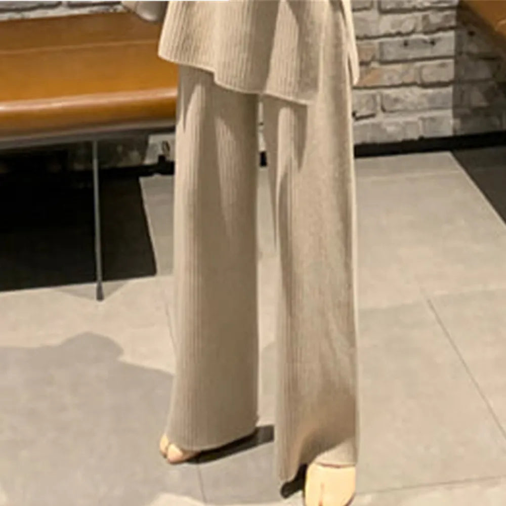 Pull tricoté épais et chaud pour femme, ensemble deux pièces + pantalon taille haute, jambes larges, nouvelle mode hiver