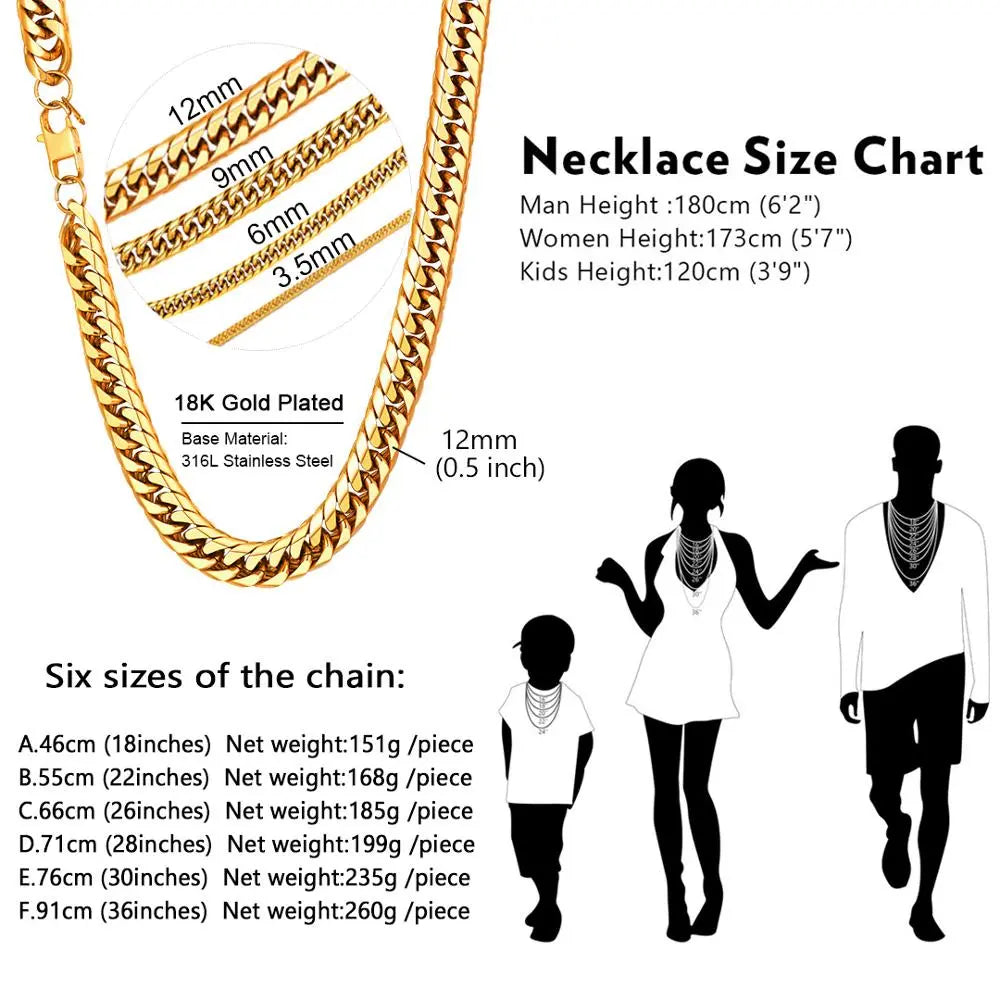 U7 Stainless Steel Chain Necklace 6/9/13mm 14-30inches