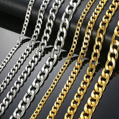 Men's Necklace Round Miami Cuban Link Chain Gold Color Stainless Steel Punk Boy Male Colar Gifts 24"