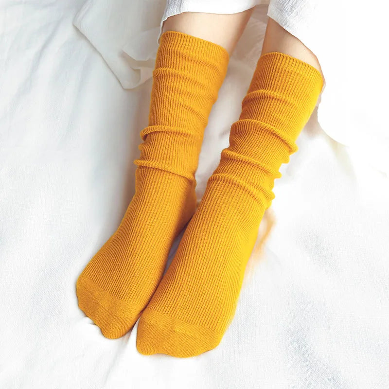 Japanese Korean High School Girls High Socks Loose Solid Colors Double Needles Knitting Cotton Long Socks For Women