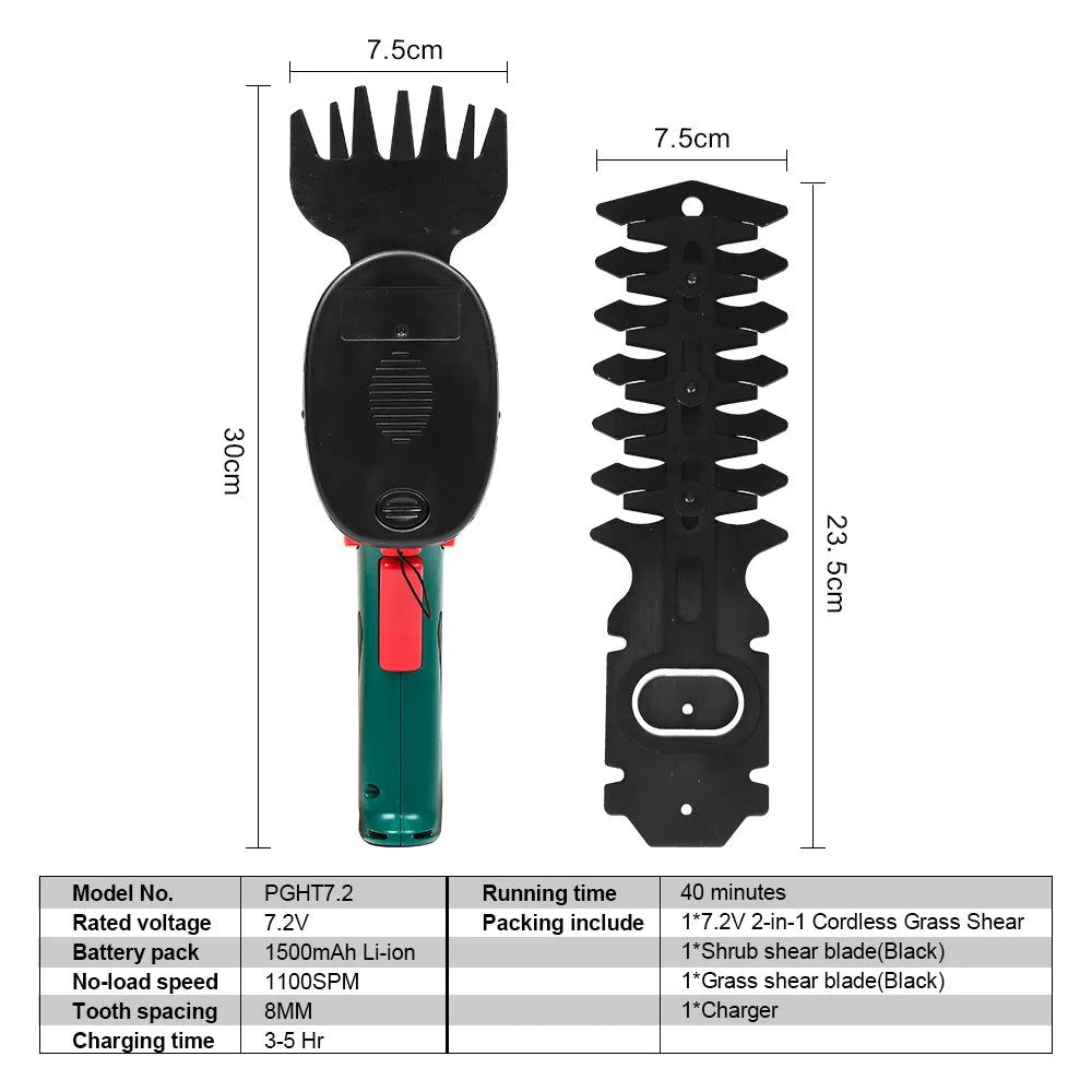 7.2V Cordless Grass Hedge Trimmer 2in1 Battery Rechargeable Shear Hedger PGHT7.2 Cordless Garden Tool posenpro