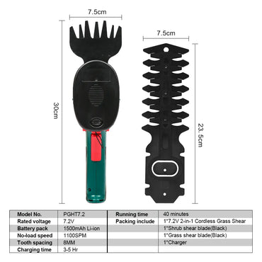 7.2V Cordless Grass Hedge Trimmer 2in1 Battery Rechargeable Shear Hedger PGHT7.2 Cordless Garden Tool posenpro