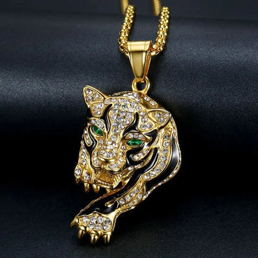 New Trendy Animal Tiger Shape Pendant Necklace Men's Necklace Fashion Bohemian Crystal Inlaid Pendant Accessories Party Jewelry