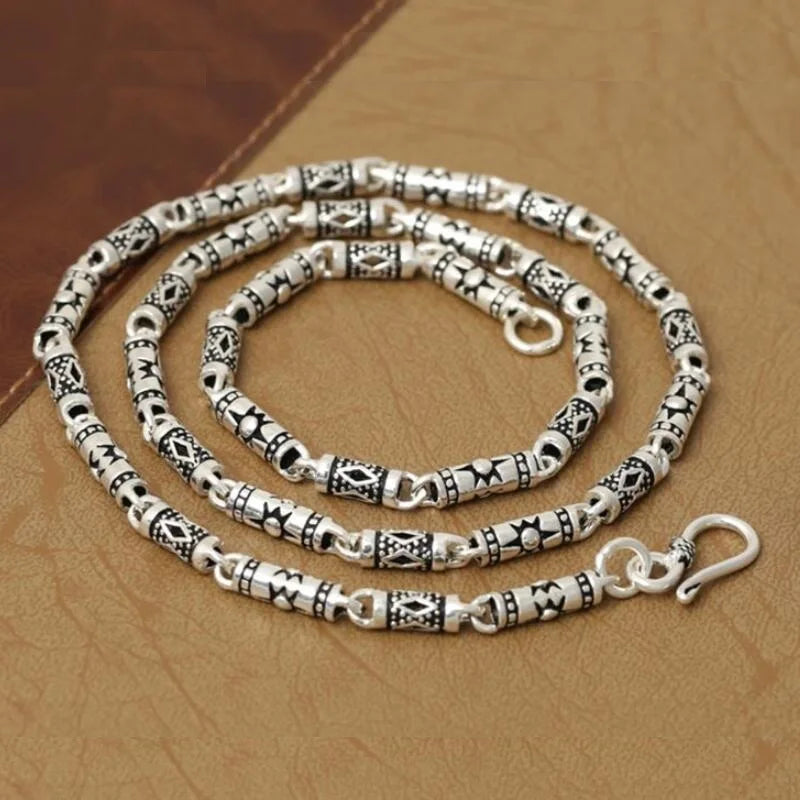 Pure Silver 4mm Thick Cylinder Chain S925 Sterling Silver Classic Vintage Geometric Patterns Male Men's Necklace Jewelry