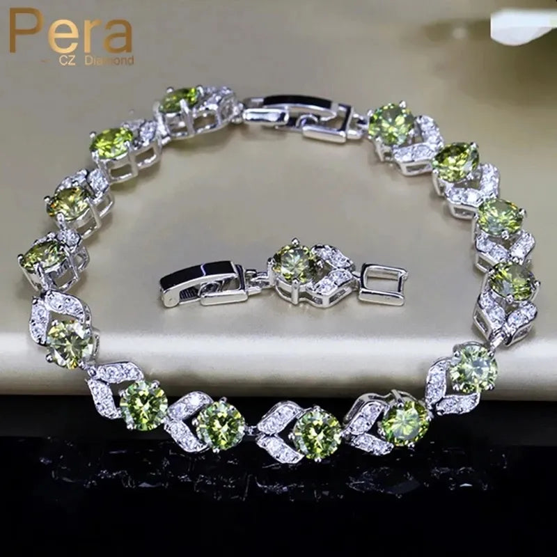 Pera Unique Design Olive Green Cubic Zirconia Stone Silver Color Jewelry Fashion Women Party Charm Link Bracelets