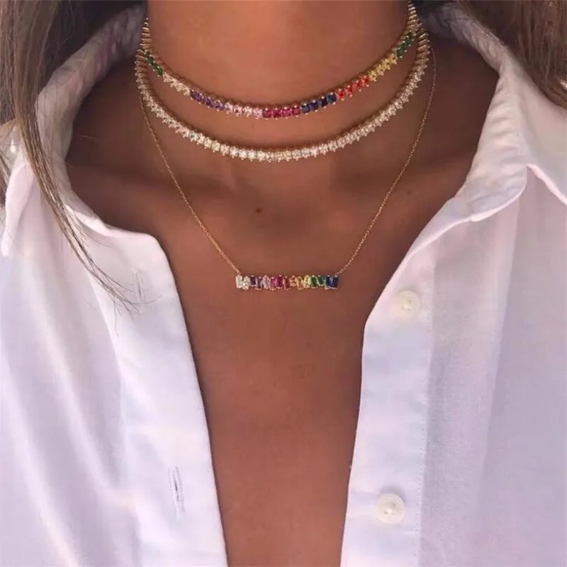 NEWESThigh quality rainbow baguetee cz bar geometric Pendant & Necklaces colorful crystal Gold filled women fashion choker gifts