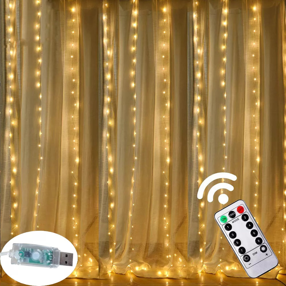 3M LED USB/Batteri Gardin Sträng Fairy Lights Julgirland Fjärrkontroll för nyår Fest Trädgård Hem Bröllopsdekoration