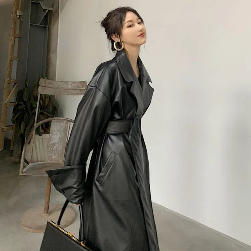 Trench-coat en cuir surdimensionné pour femmes, manches longues, revers, coupe ample, élégant, noir, vêtements streetwear pour femmes