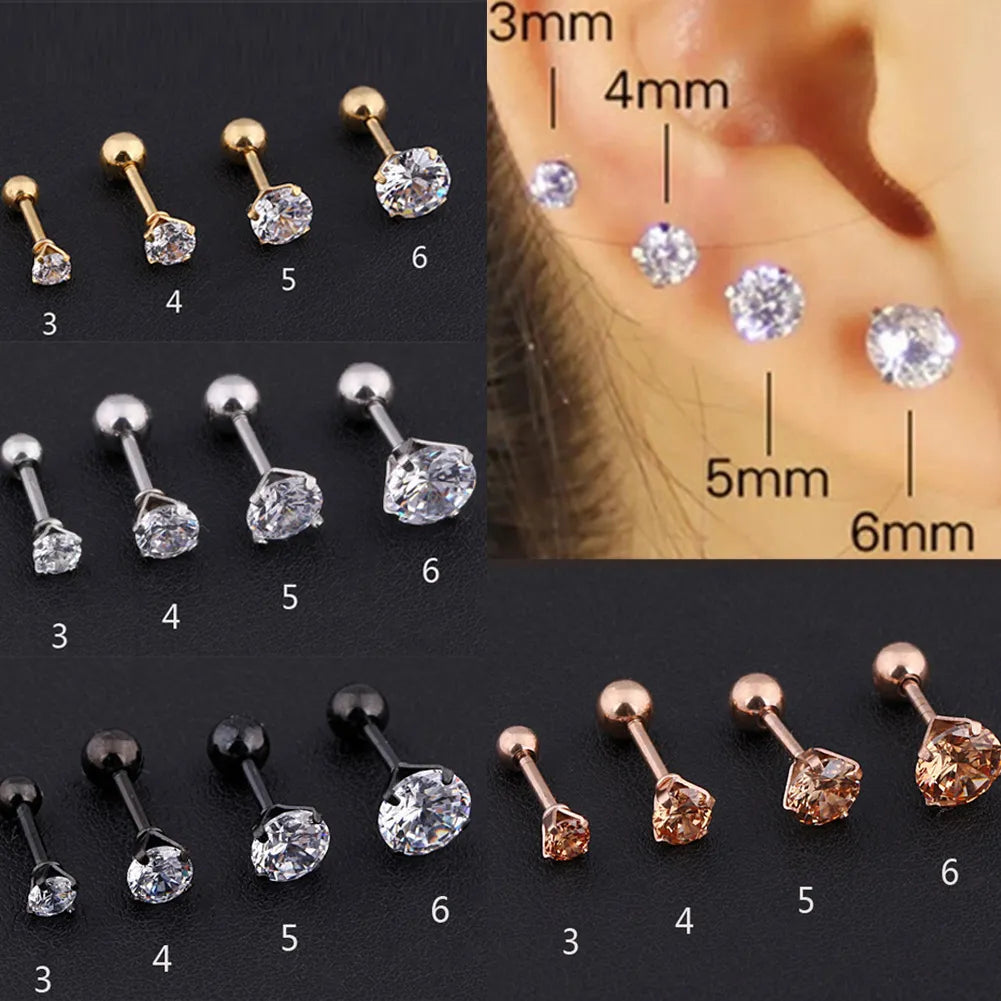 Boucles d'oreilles médicales en acier inoxydable, cristal Zircon, clous d'oreilles pour femmes/hommes, 4 broches, Tragus Cartilage, Piercing, bijoux, 1 pièces