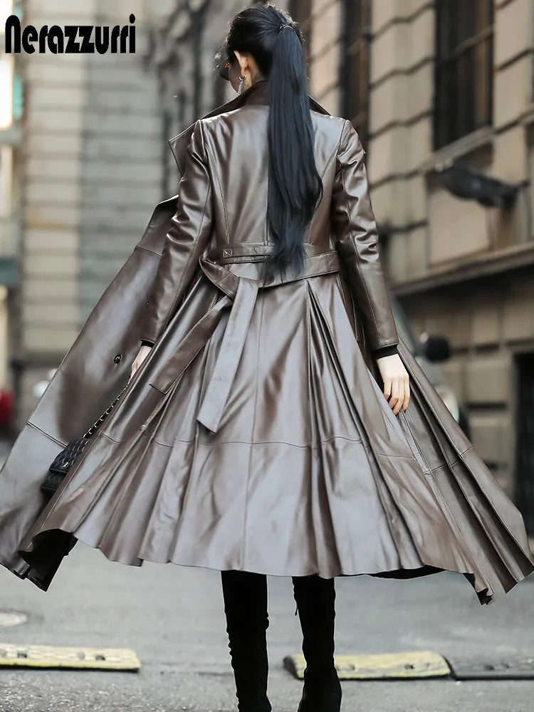 Autumn Long Brown Black Soft Faux Leather Trench Coat for Women Belt Skirted Elegant Luxury Fashion 5xl 6xl 7xl