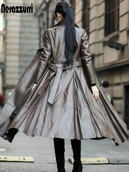 Höstlång brun svart mjuk trenchcoat i konstläder för kvinnor Bälte kjol Elegant lyxmode 5xl 6xl 7xl