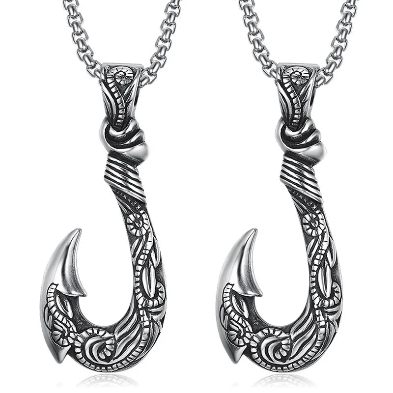 New Retro Fish Hook Shape Shape Pendant Necklace Celtic Viking Jewelry Men's Necklace Metal Sliding Pendant Accessory Party Gift