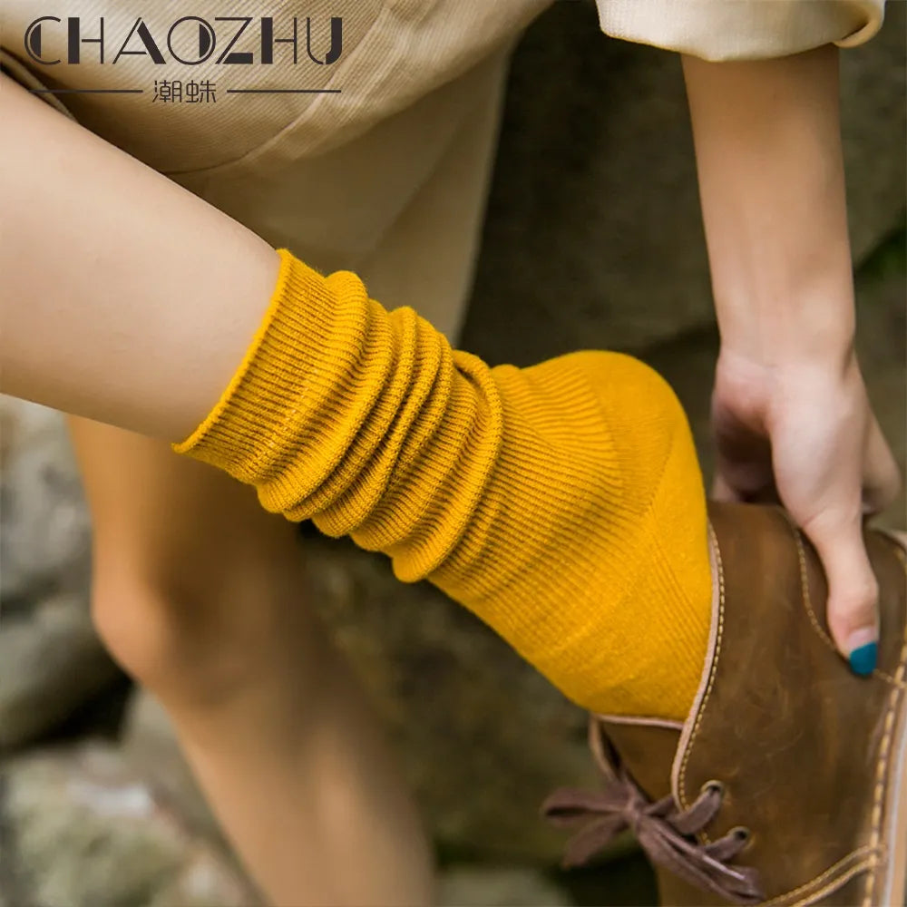 Japanese Korean High School Girls High Socks Loose Solid Colors Double Needles Knitting Cotton Long Socks For Women