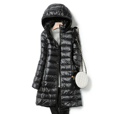 Winter  Womens Down Jackets Long Ultra Light Thin Casual Coat Puffer Jacket Slim Remove Hooded Parka