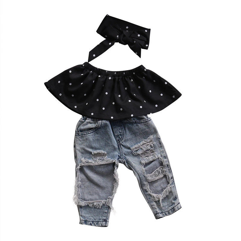 3pcs Baby Girl Summer Clothes Set Dot Sleeveless Top Vest Hole Jeans Pants Bow Headband Outfits Fashion Casual Kids Clothing Set