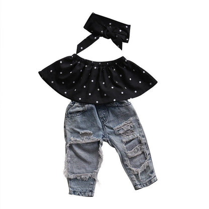 3 pièces bébé fille vêtements d'été ensemble Dot haut sans manches gilet trou jean pantalon arc bandeau tenues mode décontracté enfants ensemble de vêtements