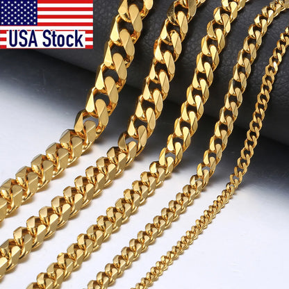 Hiphop Stainless Steel Necklace Curb Cuban Link Chain For Men Women Gold Color Solid Metal Punk Jewelry Gift KNM08