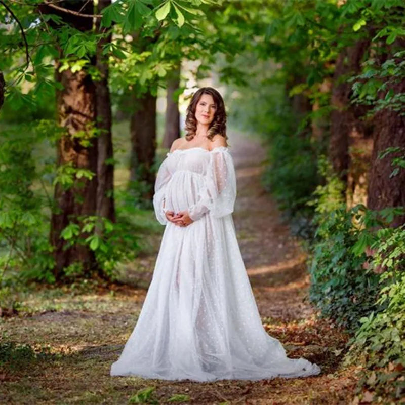 White Dot Tulle Maternity Photography Props Dress See Through Maternity Photo Shoot Tulle Long Dress Lantern Sleeve