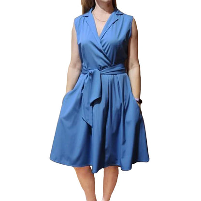 Women Dresses Sleeveless Notched Solid Navy Blue With Bow Sashes Summer A-line Beach Office Dress burgundy Party Vestidos