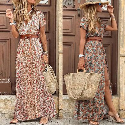 Boho Dam V-ringad Kortärmad Paisley Print Bälte Stor Hem Strand Lång Klänning tryckt klänning sommar strandklänning med skärp