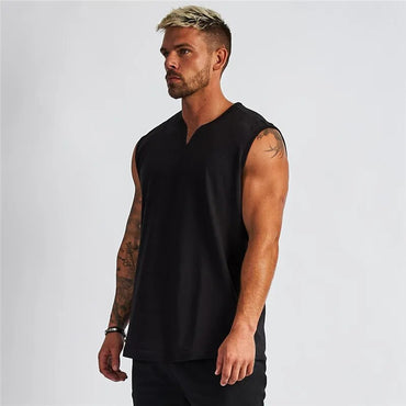 Summer Plain Cotton Fitness Mens Gym Tank Top Curved Hem V neck Gym Stringer Vest Bodybuilding Clothing Muscle Sleeveless Shirt