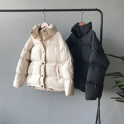 fashion solid women's winter down jacket stand collar short single-breasted coat preppy style parka ladies chic outwear