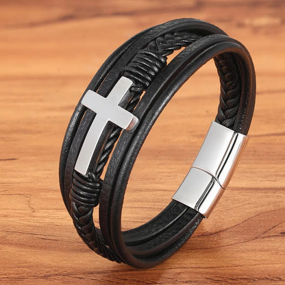 Luxury Multicolor Cross Design Classic Stainless Steel Men's Leather Bracelet 19/21/23cm Choose Handsome Christmas Gifts