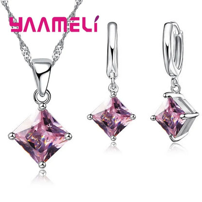 Pendants Necklace Simple Geometry Square Earrings Crystal 925 Sterling Silver Jewelry Sets