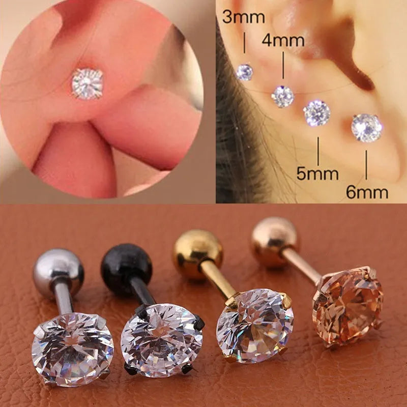 1pc/lot Size 3/4/5/6mm 4 Colors Punk Medical Stainless Titanium Steel Needle Zircon Crystal Stud Earrings