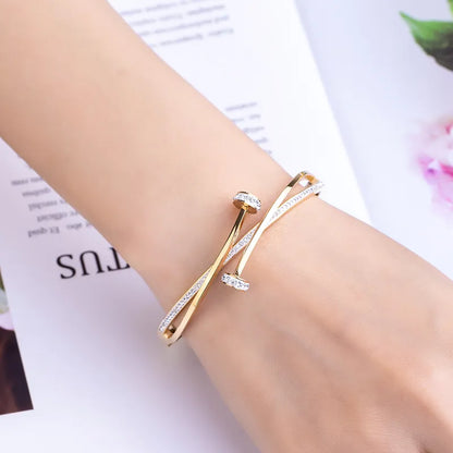 New Unique Double Crystal Nail Head Cross Stainless Steel Bracelet For Woman Love Wedding Gift Bangle Jewelry