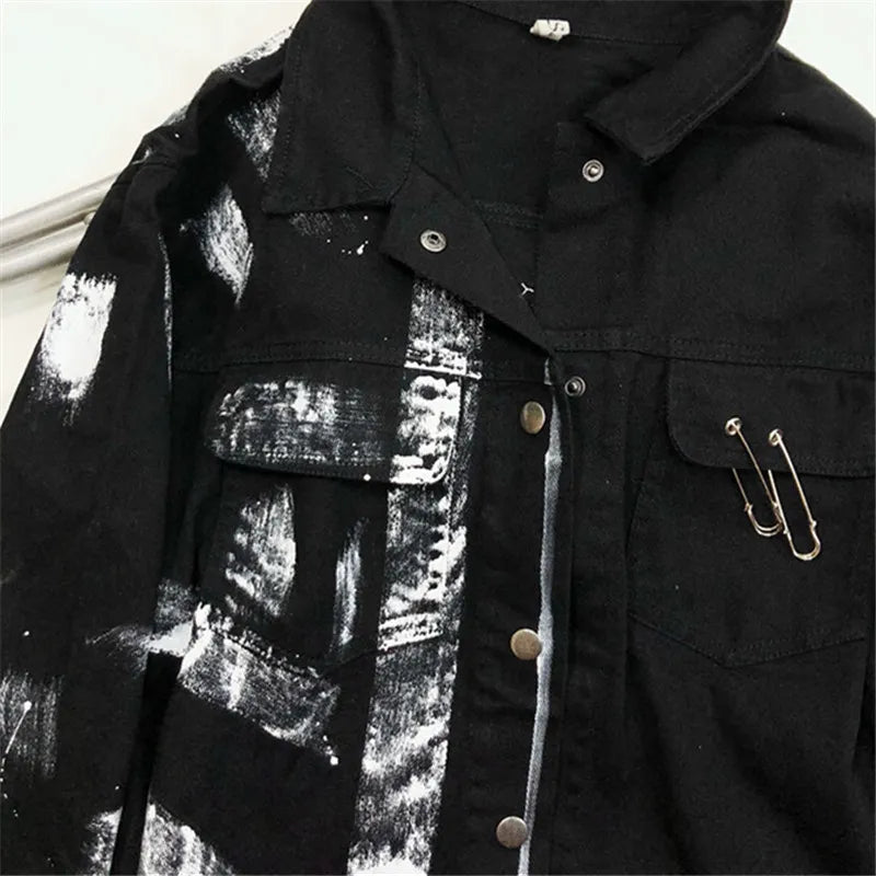 Streetwear Women Denim Jacket Fashion Graffiti Print Long sleeve Jeans Jacket Female Loose Hip hop Jeans Coat Harajuku Jackets