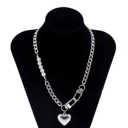 Punk Stainless Steel Heart Pendant Necklace for Women Kpop Steel Ball Lock Key Chain Necklace Gothic Jewelry