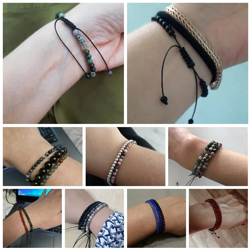 Adjustable 4MM Stone Beads Bracelet For Women Natural Agates Bangles Onyx Lapis Lazuli Woven Bracelet For New Year Gift Jewelry