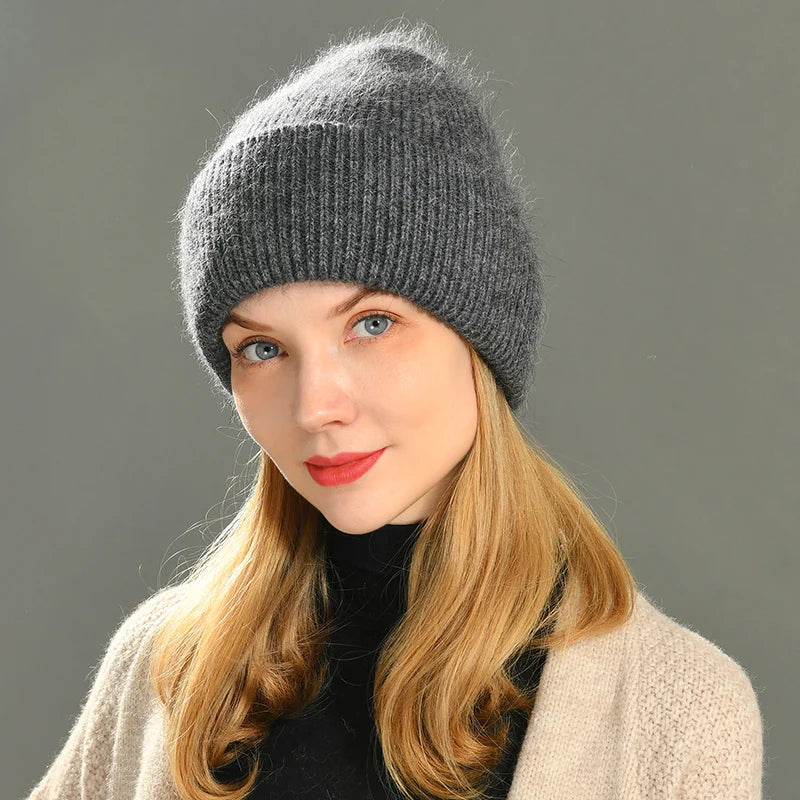 Casual Women's Hat Real Rabbit Fur Beanie Ladies Autumn Winter Cashmere Hats Three Fold Thick Knitted Girls Skullies Beanies Cap