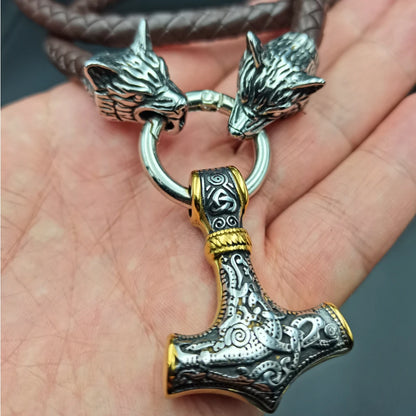 stainless steel wolf head leather chain VIKING Thor's hammer PENDANT men's necklace JEWELRY