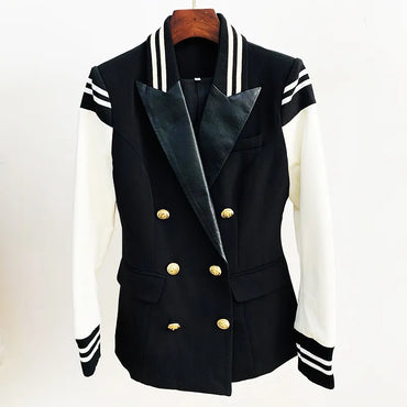 Stylish Blazer Varsity Jacket Women's Leather Sleeve Patchwork Lion Buttons Blazer