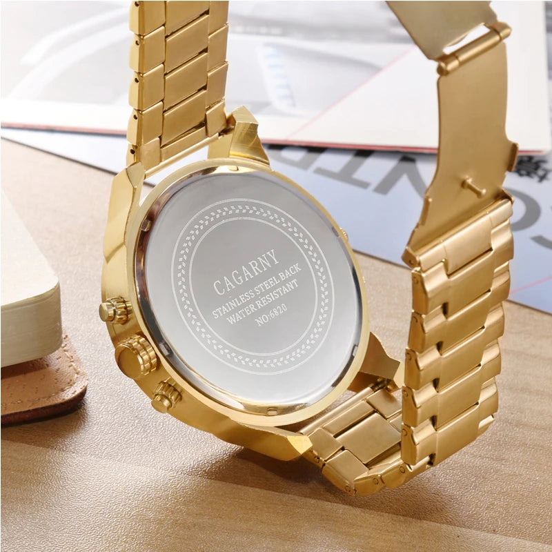 Heta mode herrklockor Toppmärke Lyx Cagarny Dual Display Military Relogio Masculino Gold Steel Quartz Watch Herr Man Klocka