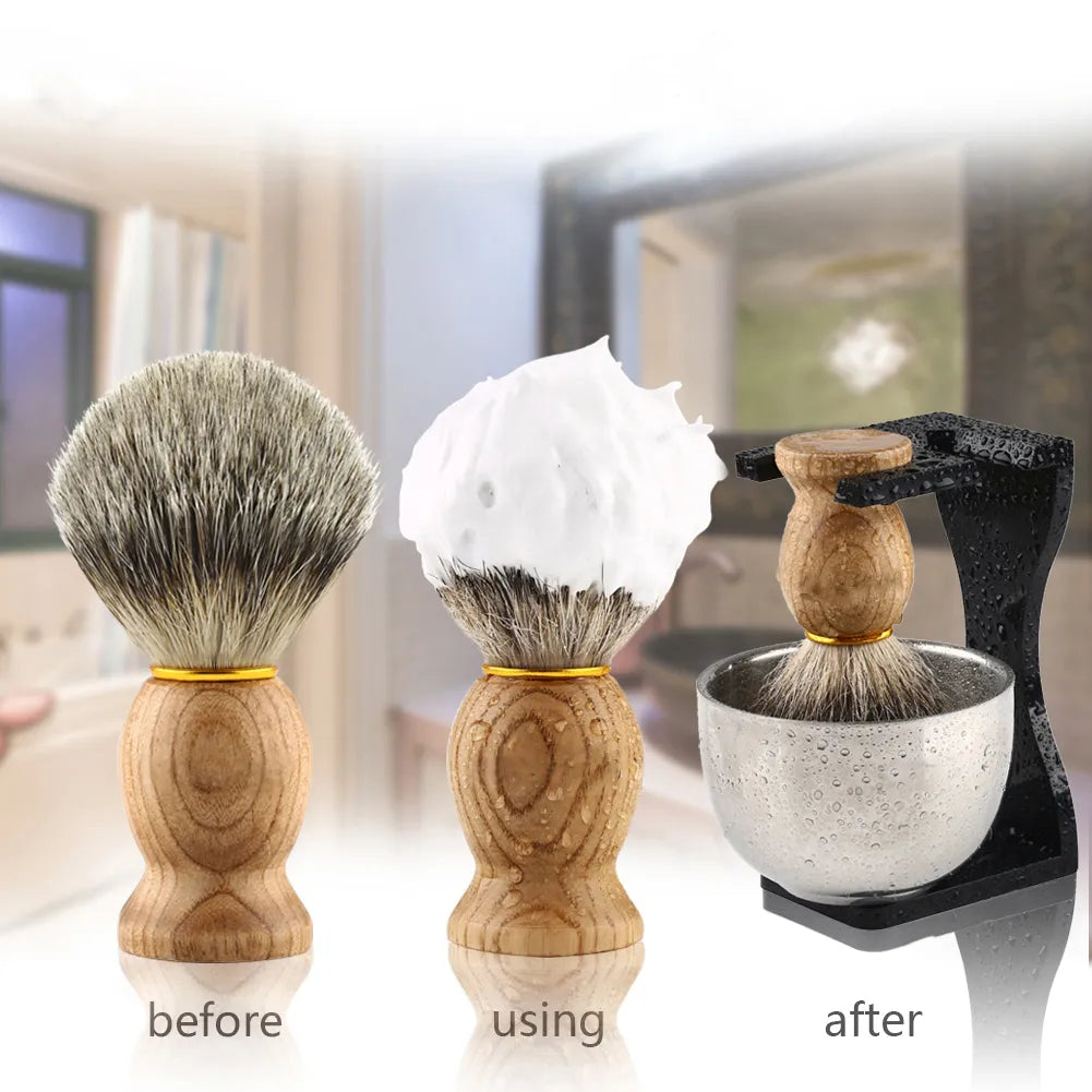 Barber Shaving Brush Wood Handle Black Acrylic Stand+bowl+Soap Set