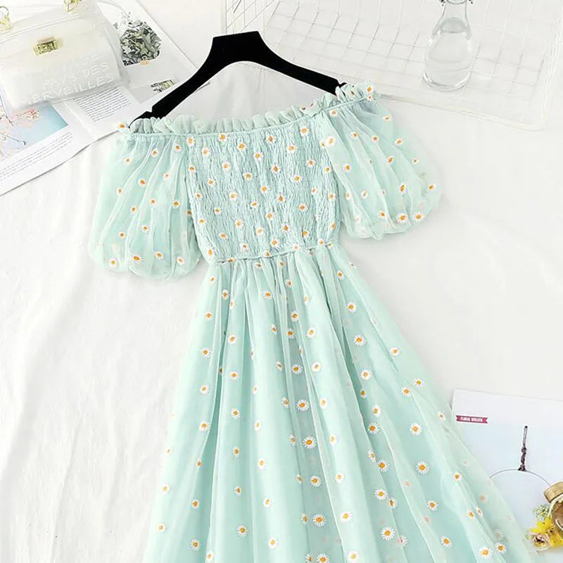 small daisies embroidery mesh dresses women sexy off the shoulder french vintage party ruffle dresses elegant vestidos