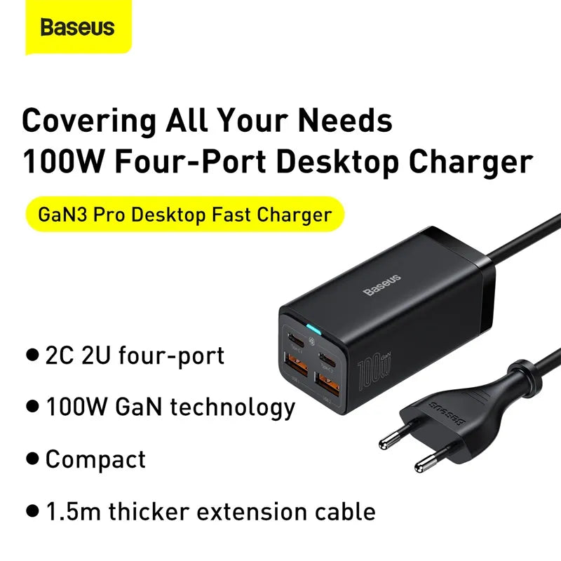 Baseus GaN 100W 65W chargeur de bureau Charge rapide 4.0 QC 3.0 PD USB-C Type C USB Charge rapide pour MacBook Samsung iPhone ordinateur portable