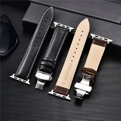 Genuine Leather Watch Straps for Apple Watch 8 7 6 SE 5 4 Butterfly Buckle Watchband 38/40/41mm 42/44/45/49mm for iwatch ultra