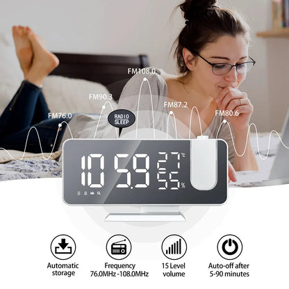 FM Radio LED Digital Smart Väckarklocka Klocka Bord Elektroniska skrivbordsklockor USB Wake Up Clock med 180° tidsprojektion snooze