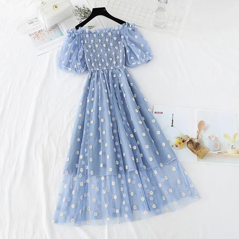 small daisies embroidery mesh dresses women sexy off the shoulder french vintage party ruffle dresses elegant vestidos