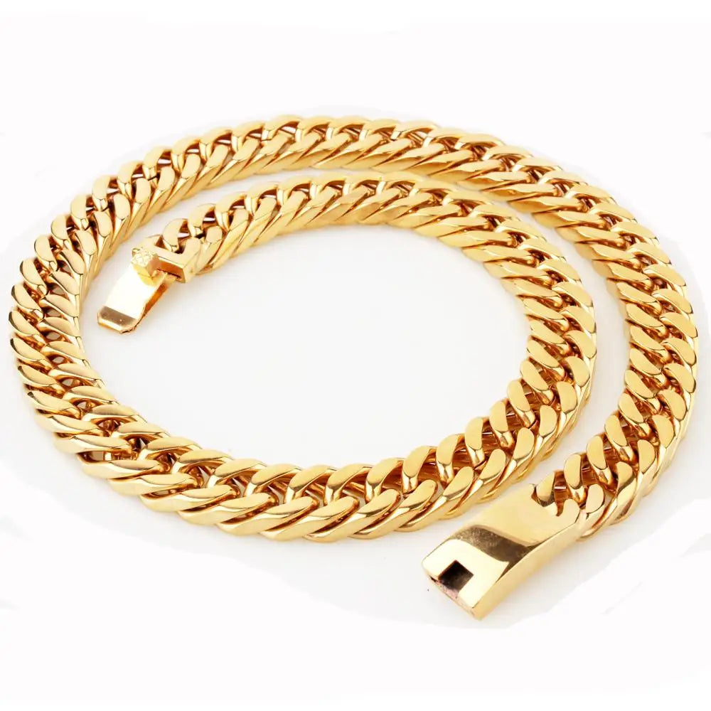 Granny Chic 15mm 7-40inch Gold Color Firm Strong 316L Stainless Steel Jewelry Curb Cuban Link Chain Choker Men's Necklace