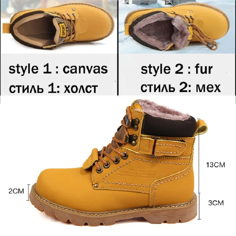 Men's Winter Snow Boots With Fur Rubber Ankle Boots Cow Split Leather Shoes High Quality Men Outdoor Work Shoe Plus Size 46