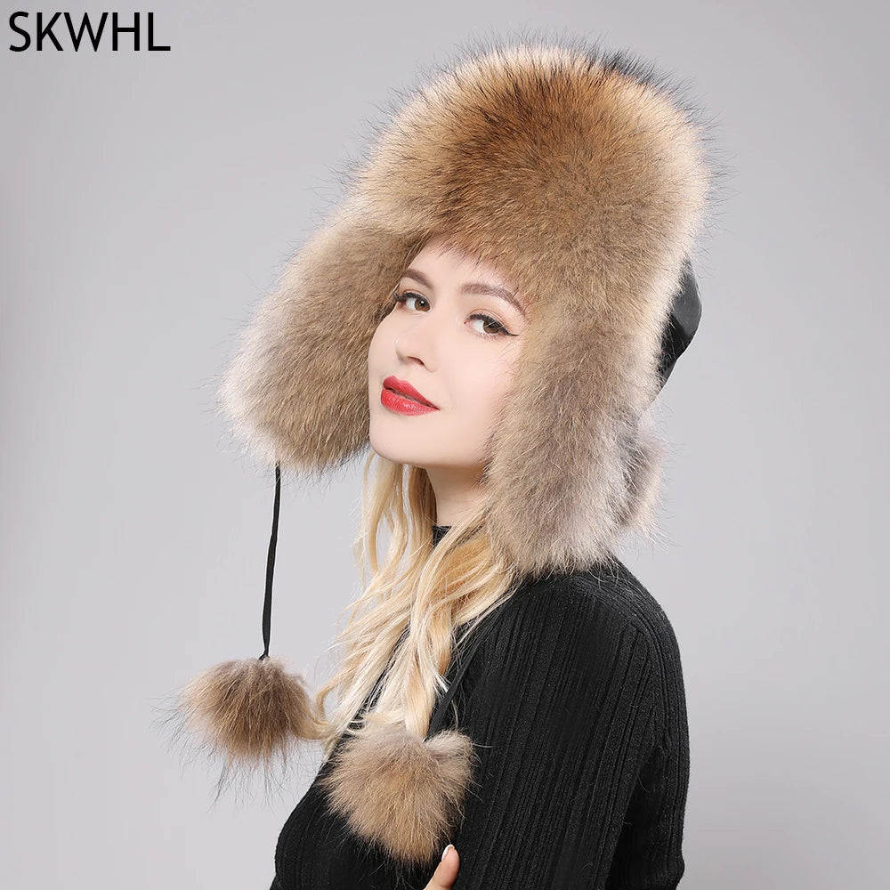 100% Real Fox Fur Hats Women's Russian Ushanka Aviator Trapper Snow Skiing Hat Caps Earflap Winter Raccoon Fur Bomber Hat